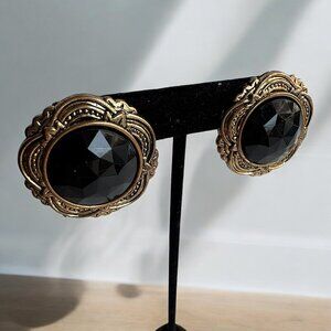 Vintage Clip on Earrings Antique Gold Tone and Black Faceted Plastic Centre READ